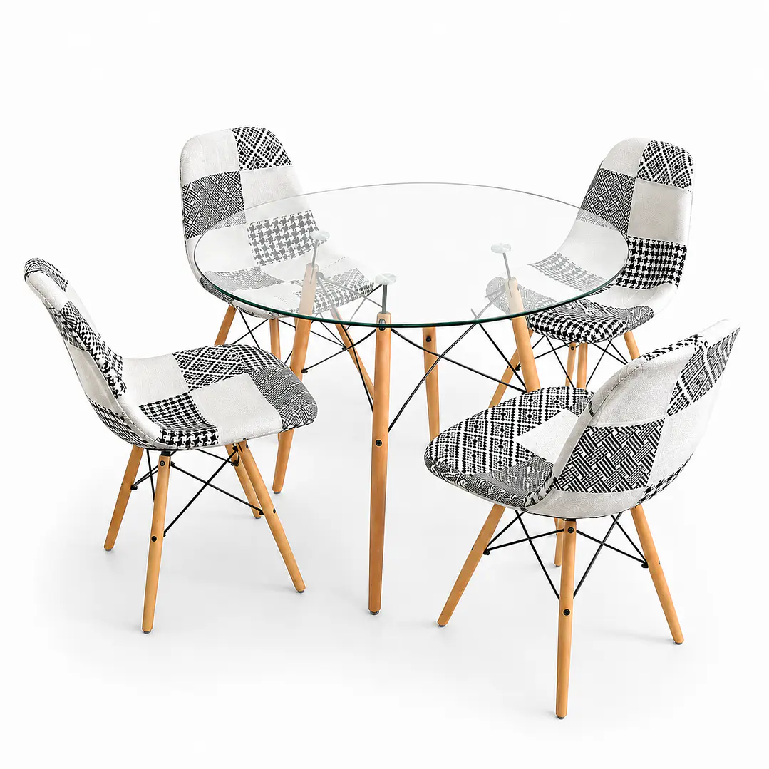 Comedor Estocolmo (Mesa Redonda Vidrio + 4 Sillas Patchwork) 3