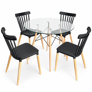 Comedor Heidi (Mesa redonda Vidrio + 4 Sillas Windsor) 