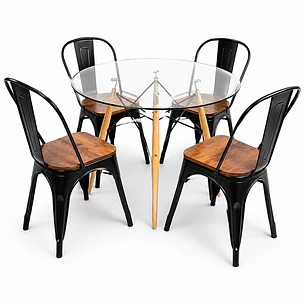 Comedor Laos (Mesa Redonda Vidrio + 4 Sillas Tolix Madera) 
