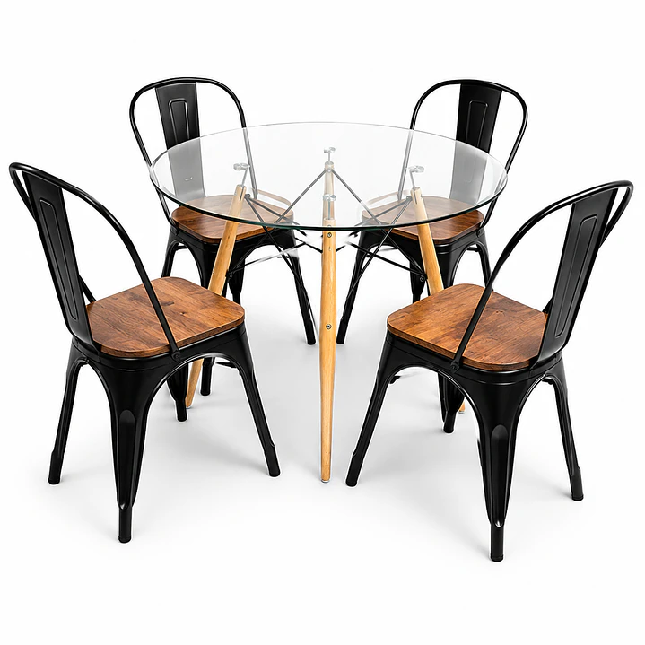 Comedor Laos (Mesa Redonda Vidrio + 4 Sillas Tolix Madera)  1