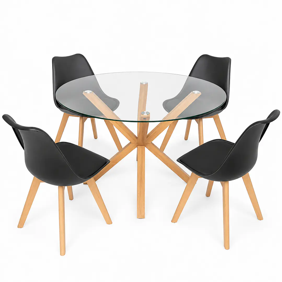 Comedor Vina (Mesa Vidrio Redonda Pata cruz + Sillas Oak) 1