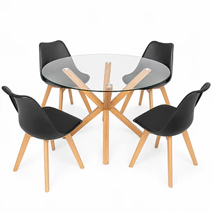 Comedor Vina (Mesa Vidrio Redonda Pata cruz + Sillas Oak)