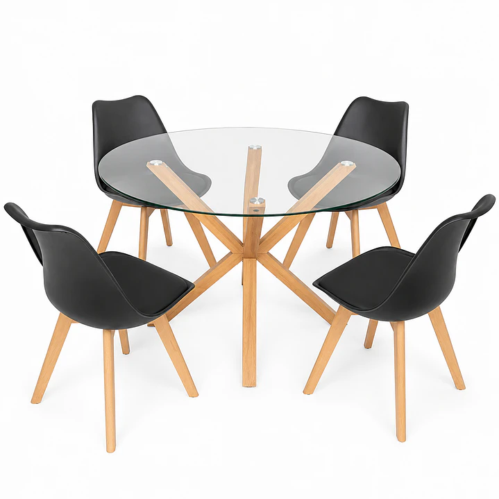 Comedor Vina (Mesa Vidrio Redonda Pata cruz + Sillas Oak) 1