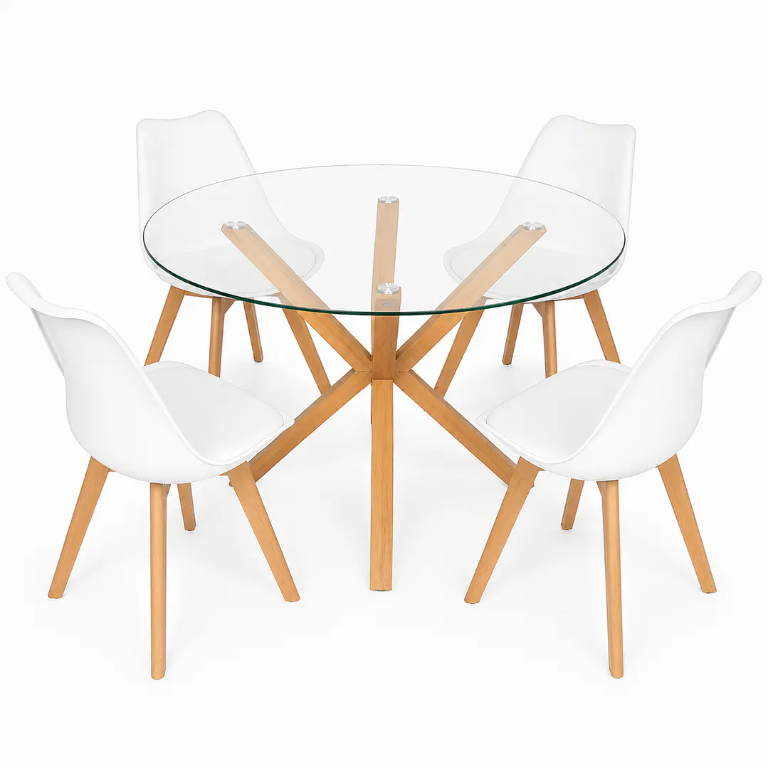 Comedor Vina (Mesa Vidrio Redonda Pata cruz + Sillas Oak) 2
