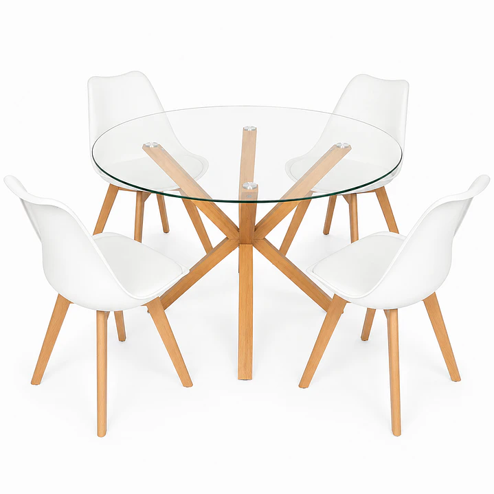 Comedor Vina (Mesa Vidrio Redonda Pata cruz + Sillas Oak) 2