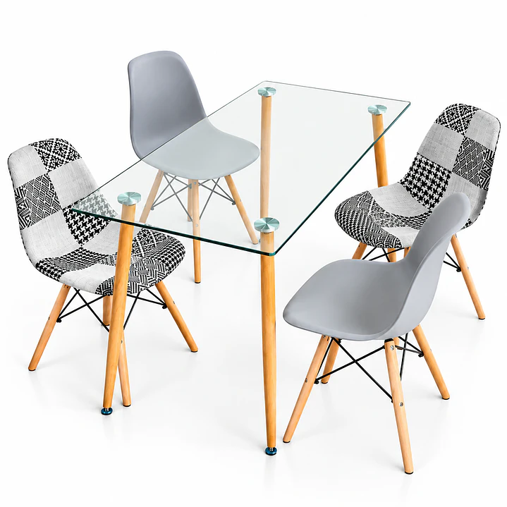 Comedor Dublin (Mesa rectangular vidrio 120x80 + silla patchwork ches + silla eames gris) 1