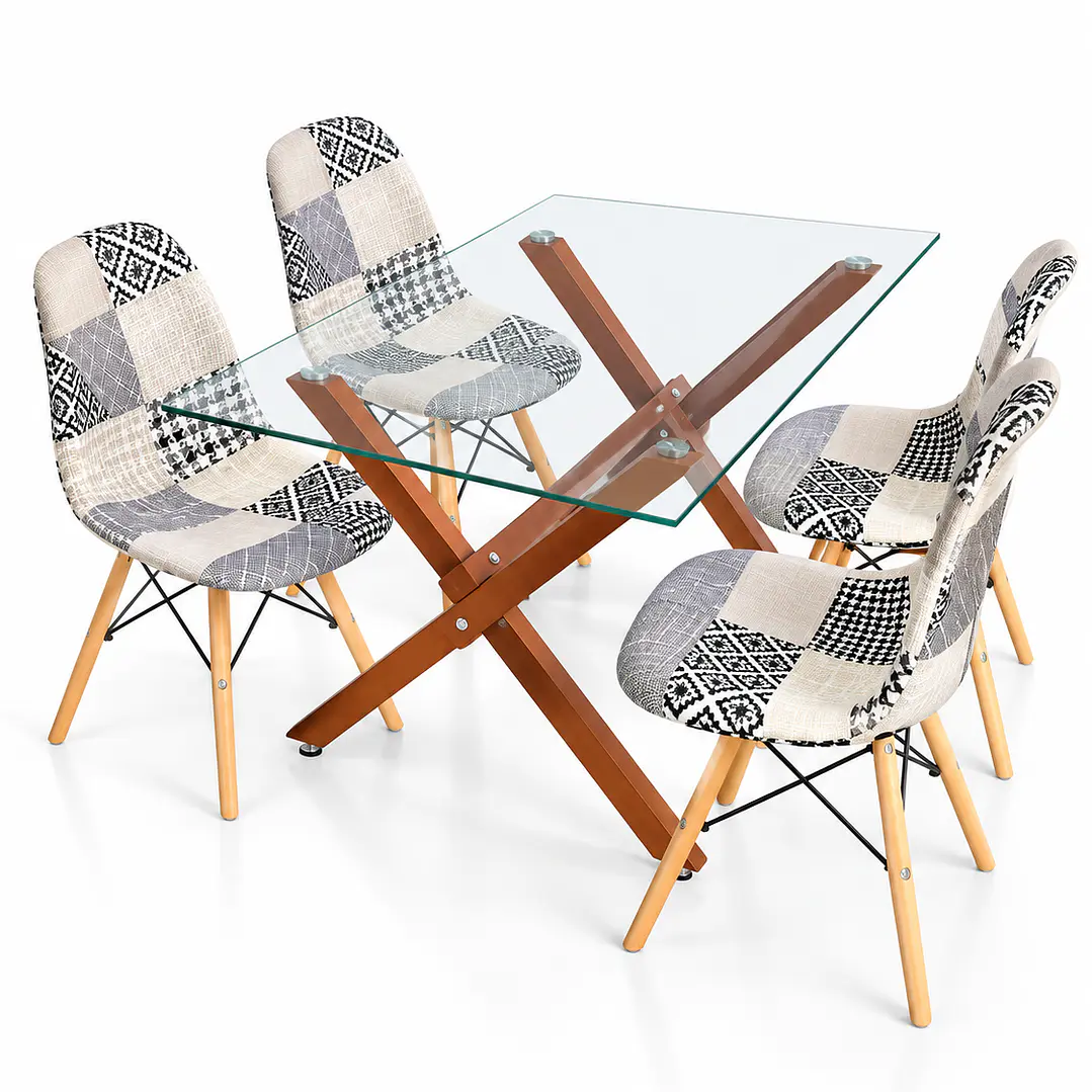 Comedor Belmopan (pata mesa color claro) (Mesa Vidrio 140x90 + Silla Patchwork) 1