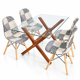 Comedor Belmopan (pata mesa color claro) (Mesa Vidrio 140x90 + Silla Patchwork)