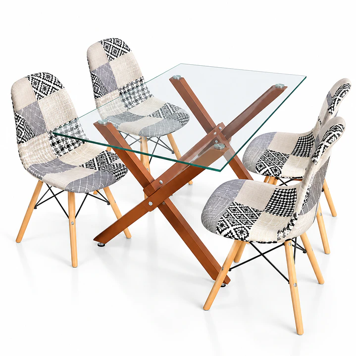 Comedor Belmopan (pata mesa color claro) (Mesa Vidrio 140x90 + Silla Patchwork) 1