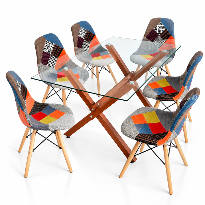 Comedor Belmopan (pata mesa color claro) (Mesa Vidrio 140x90 + Silla Patchwork) 2