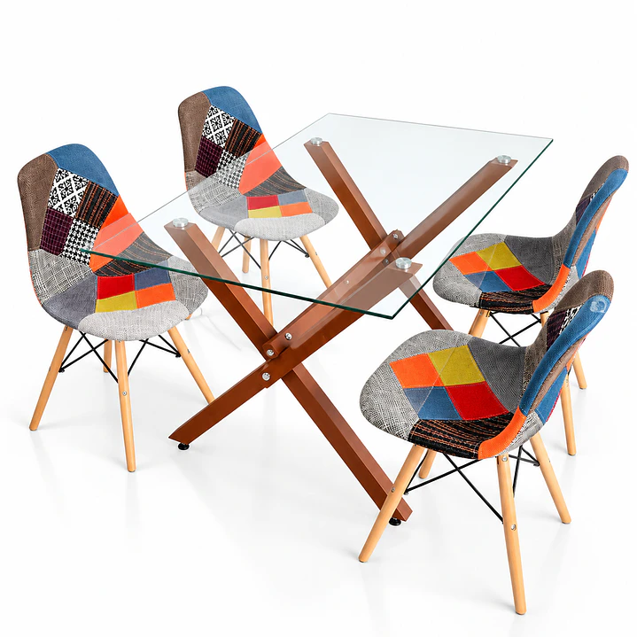 Comedor Belmopan (pata mesa color claro) (Mesa Vidrio 140x90 + Silla Patchwork) 3