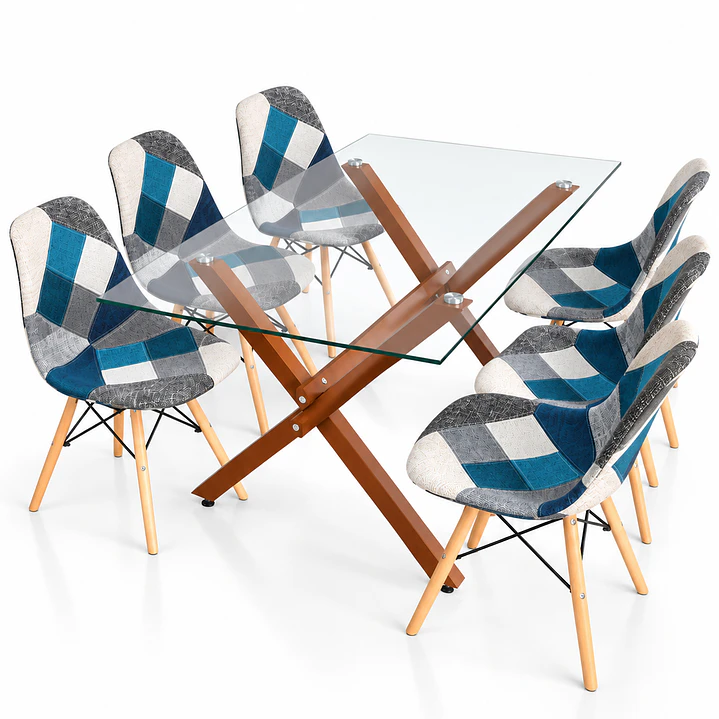 Comedor Belmopan (pata mesa color claro) (Mesa Vidrio 140x90 + Silla Patchwork) 4
