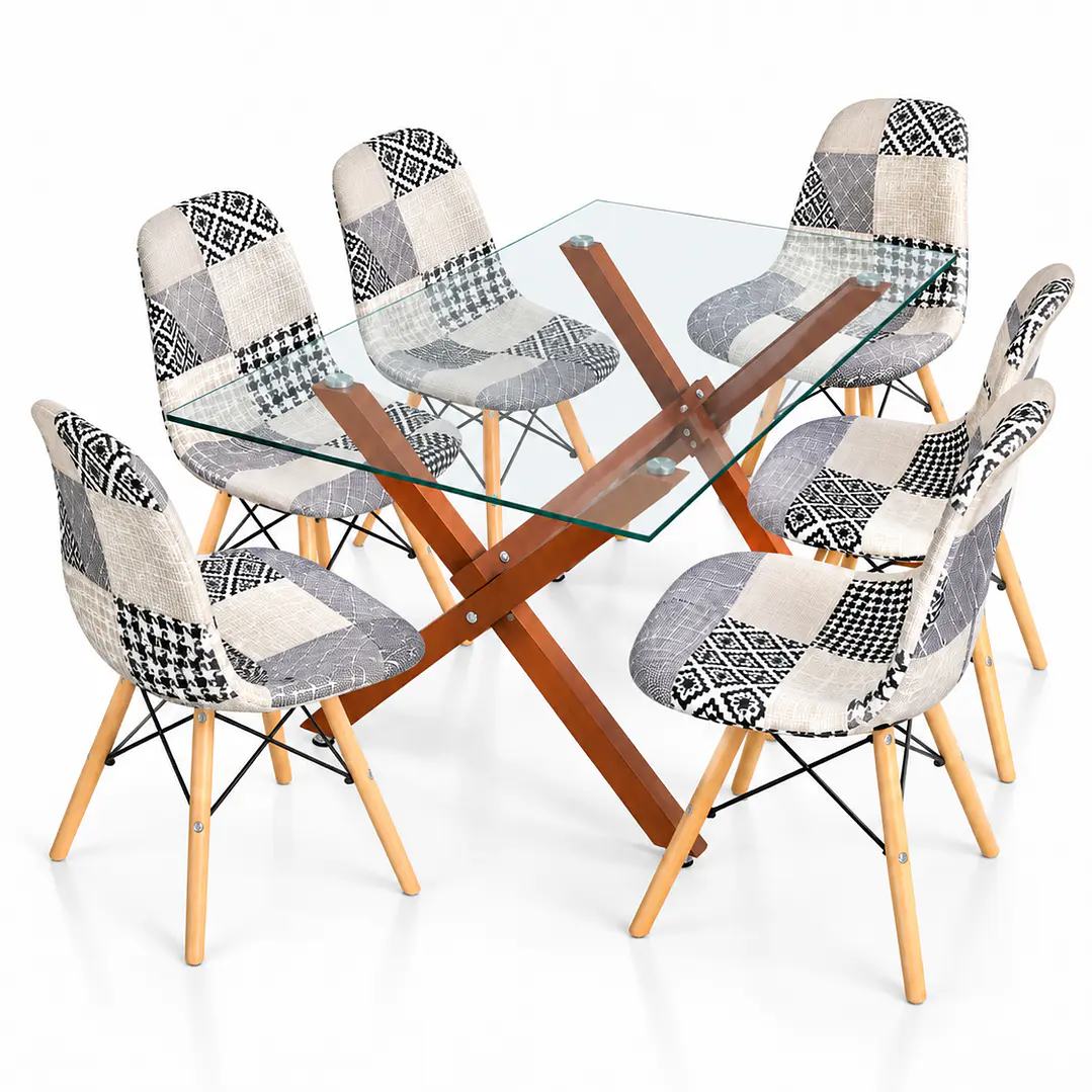 Comedor Belmopan (pata mesa color claro) (Mesa Vidrio 140x90 + Silla Patchwork) 6