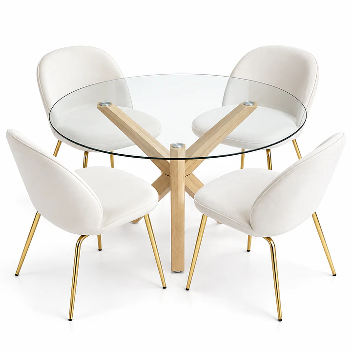 Comedor Medellín (Mesa vidrio cruz redonda + Silla beattle) 1