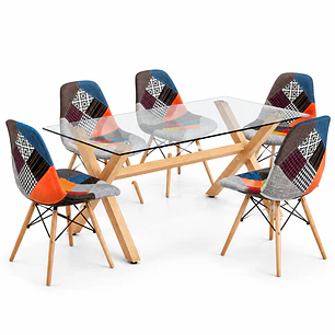 Comedor Belmopan (pata mesa color claro) (Mesa Vidrio 140x90 + Silla Patchwork)