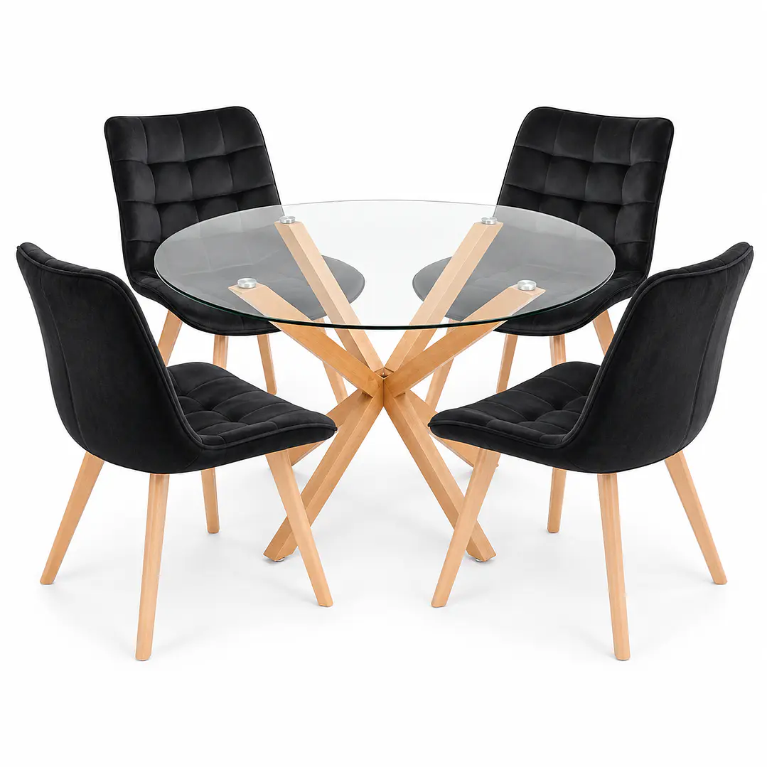 COMEDOR PUCÓN (MESA VIDRIO REDONDA CRUZ + SILLA CAPITONÉ VELVET) 1
