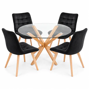 COMEDOR PUCÓN (MESA VIDRIO REDONDA CRUZ + SILLA CAPITONÉ VELVET)