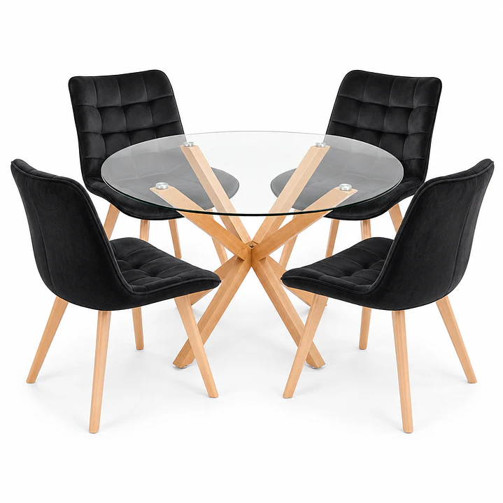 COMEDOR PUCÓN (MESA VIDRIO REDONDA CRUZ + SILLA CAPITONÉ VELVET) 1