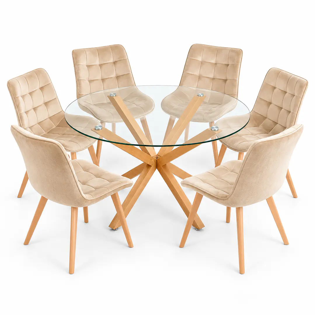 COMEDOR PUCÓN (MESA VIDRIO REDONDA CRUZ + SILLA CAPITONÉ VELVET) 2
