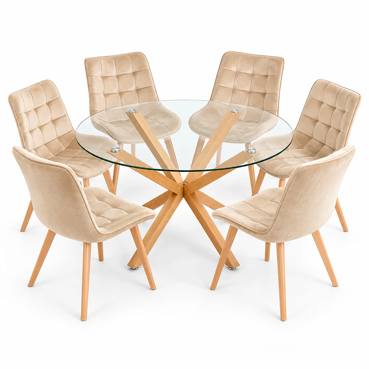 COMEDOR PUCÓN (MESA VIDRIO REDONDA CRUZ + SILLA CAPITONÉ VELVET) 2