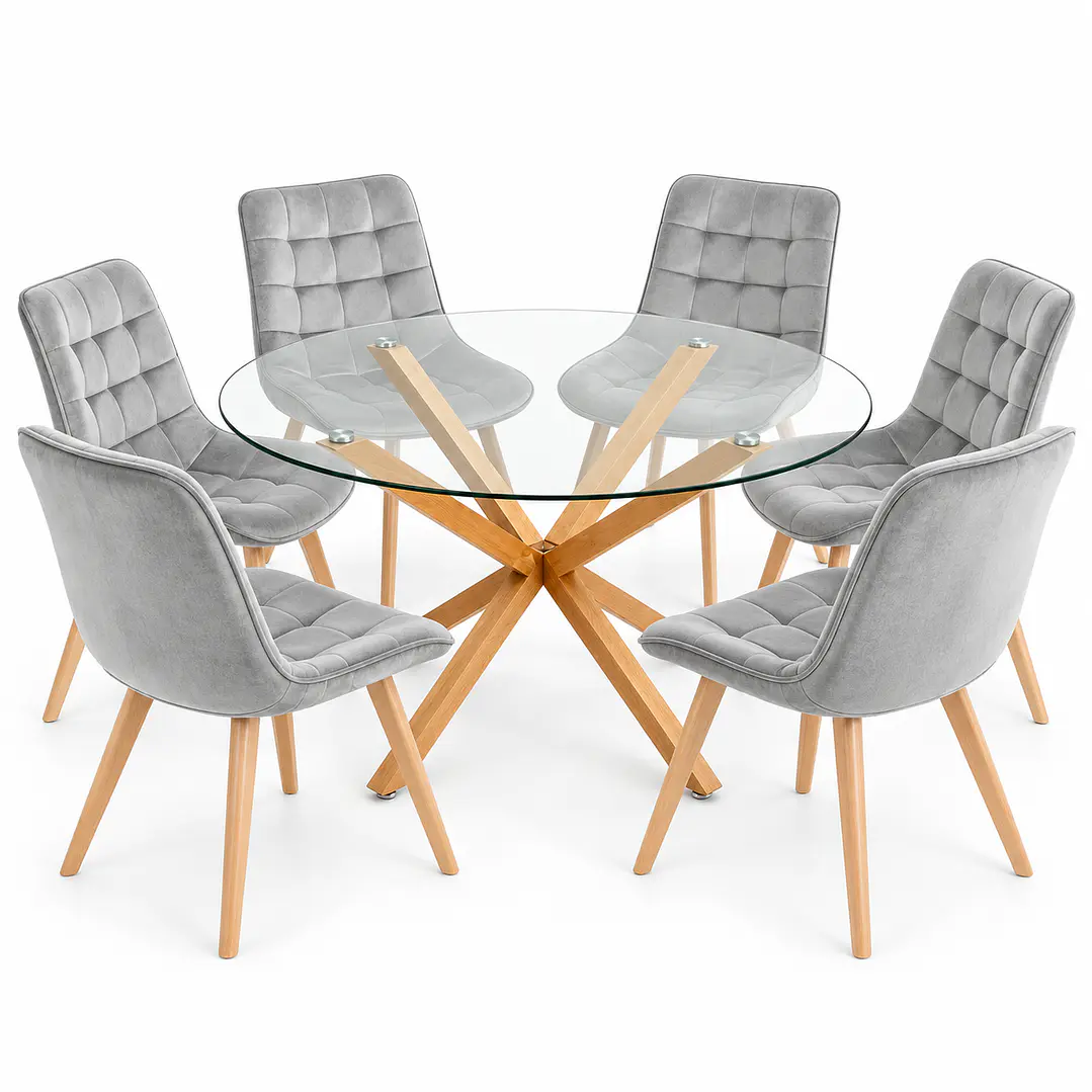 COMEDOR PUCÓN (MESA VIDRIO REDONDA CRUZ + SILLA CAPITONÉ VELVET) 3