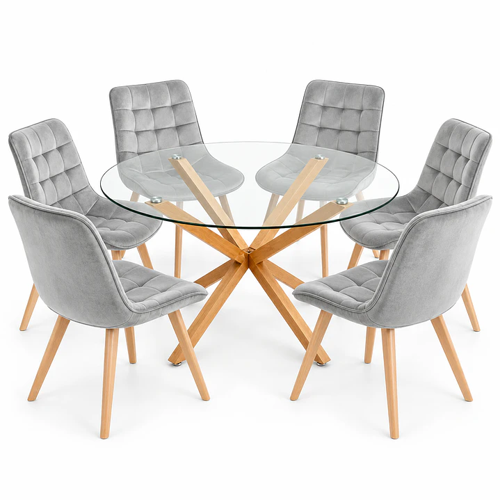 COMEDOR PUCÓN (MESA VIDRIO REDONDA CRUZ + SILLA CAPITONÉ VELVET) 3