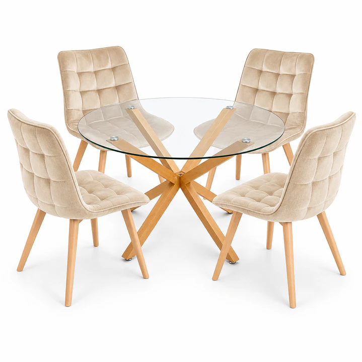 COMEDOR PUCÓN (MESA VIDRIO REDONDA CRUZ + SILLA CAPITONÉ VELVET) 4