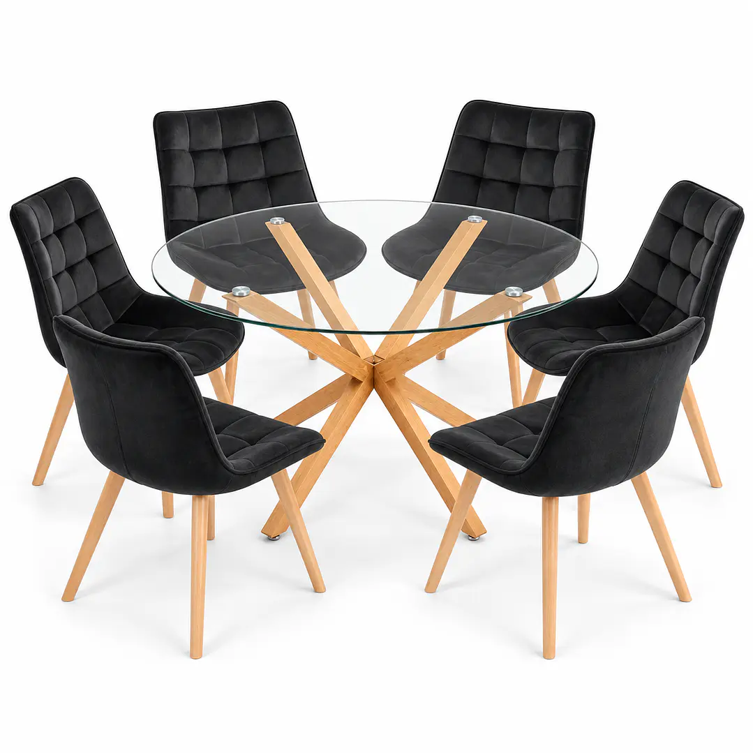 COMEDOR PUCÓN (MESA VIDRIO REDONDA CRUZ + SILLA CAPITONÉ VELVET) 6