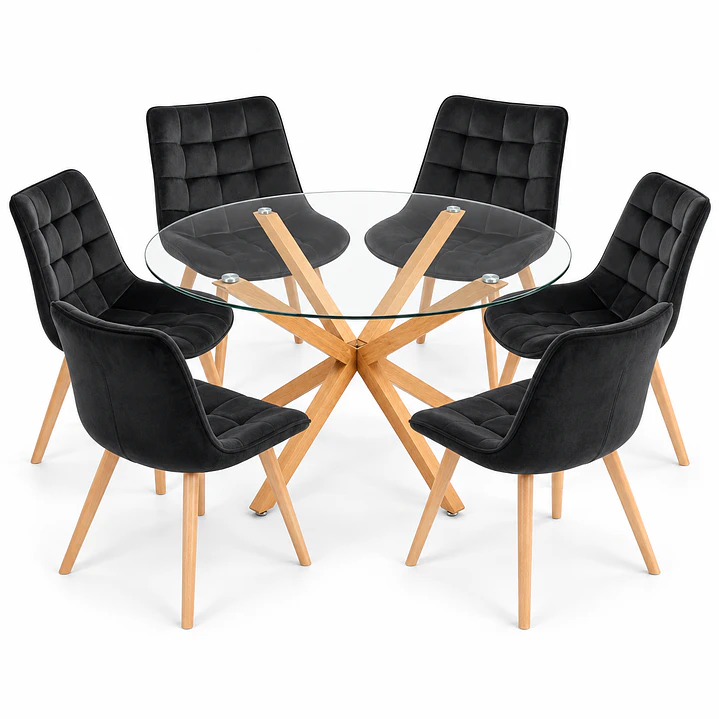 COMEDOR PUCÓN (MESA VIDRIO REDONDA CRUZ + SILLA CAPITONÉ VELVET) 6