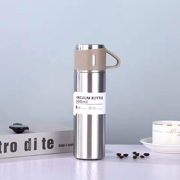 Termo Liso 500Ml + 3 Vasos Plateado 1