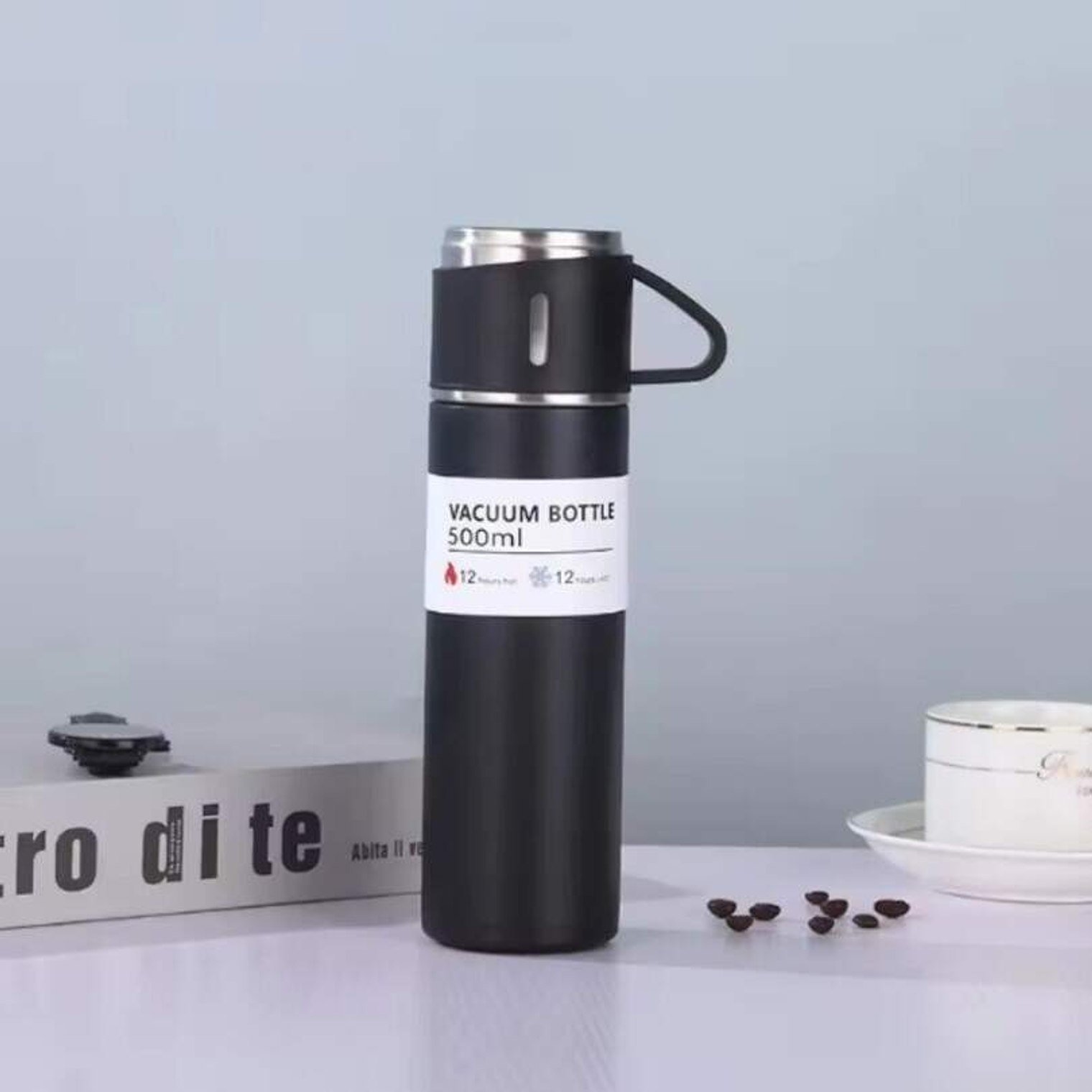 Termo Liso 500Ml + 3 Vasos Negro 1