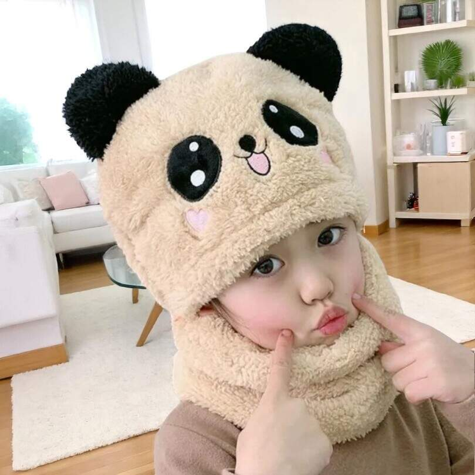 Gorro Panda Con Cuello Pasamontañas Niños Beige 1