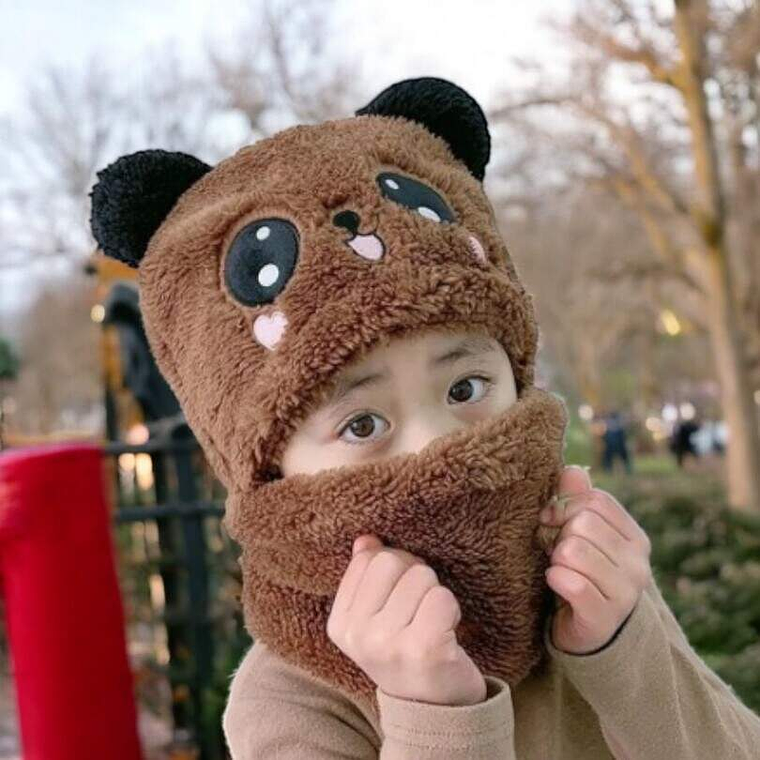 Gorro Panda Con Cuello Pasamontañas Niños Café 1