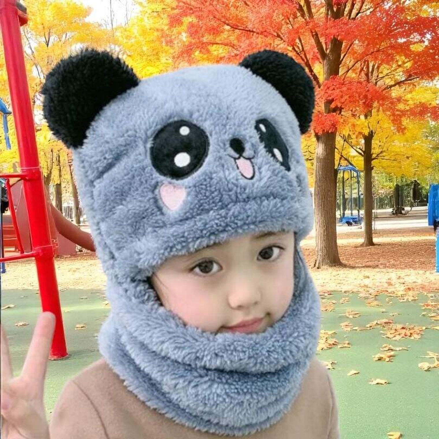 Gorro Panda Con Cuello Pasamontañas Niños Azul 1