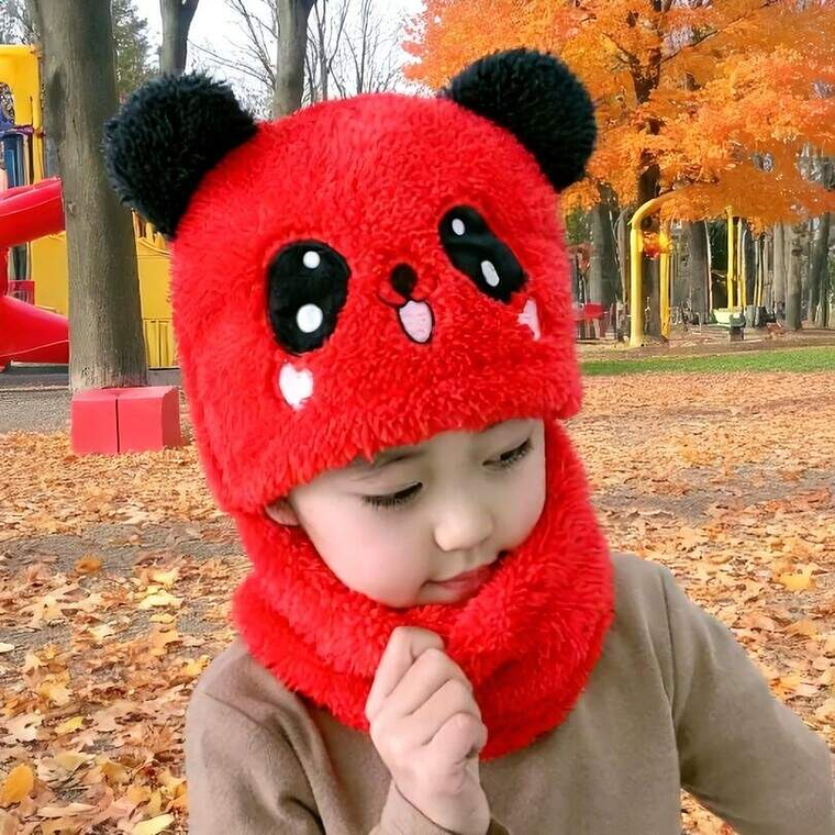 Gorro Panda Con Cuello Pasamontañas Niños Rojo 1