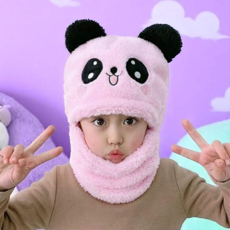 Gorro Panda Con Cuello Pasamontañas Niños Rosado 1