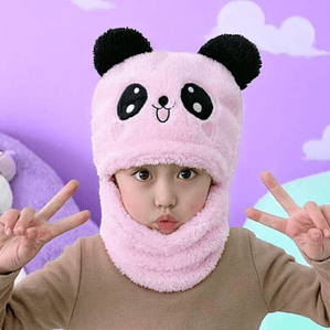 Gorro Panda Con Cuello Pasamontañas Niños Rosado