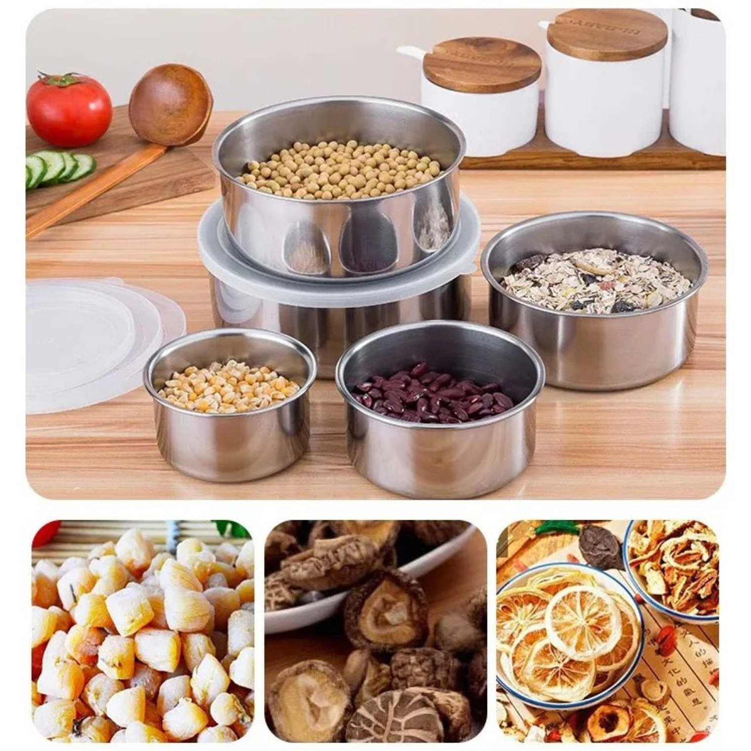 Juego de 5 Recipientes Acero Inoxidable Con Tapa Plástica 2