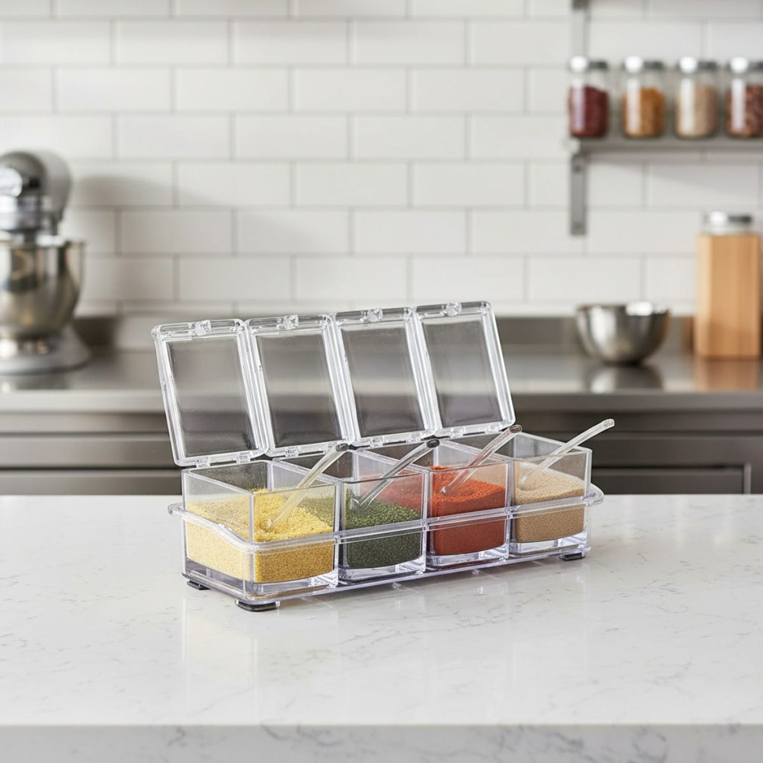 Set Condiméntero Especiero Acrílico 4 Módulos Con Cuchara 4