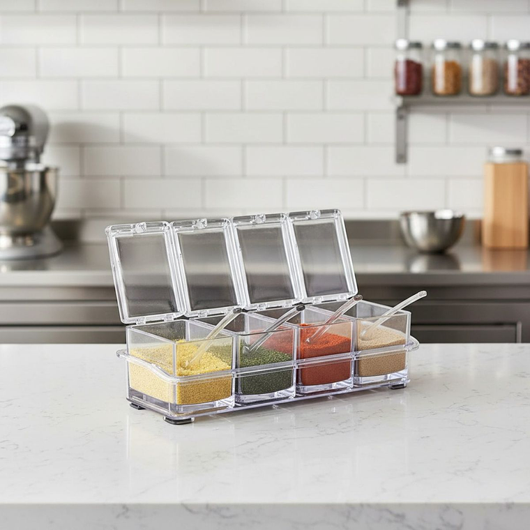 Set Condiméntero Especiero Acrílico 4 Módulos Con Cuchara 4