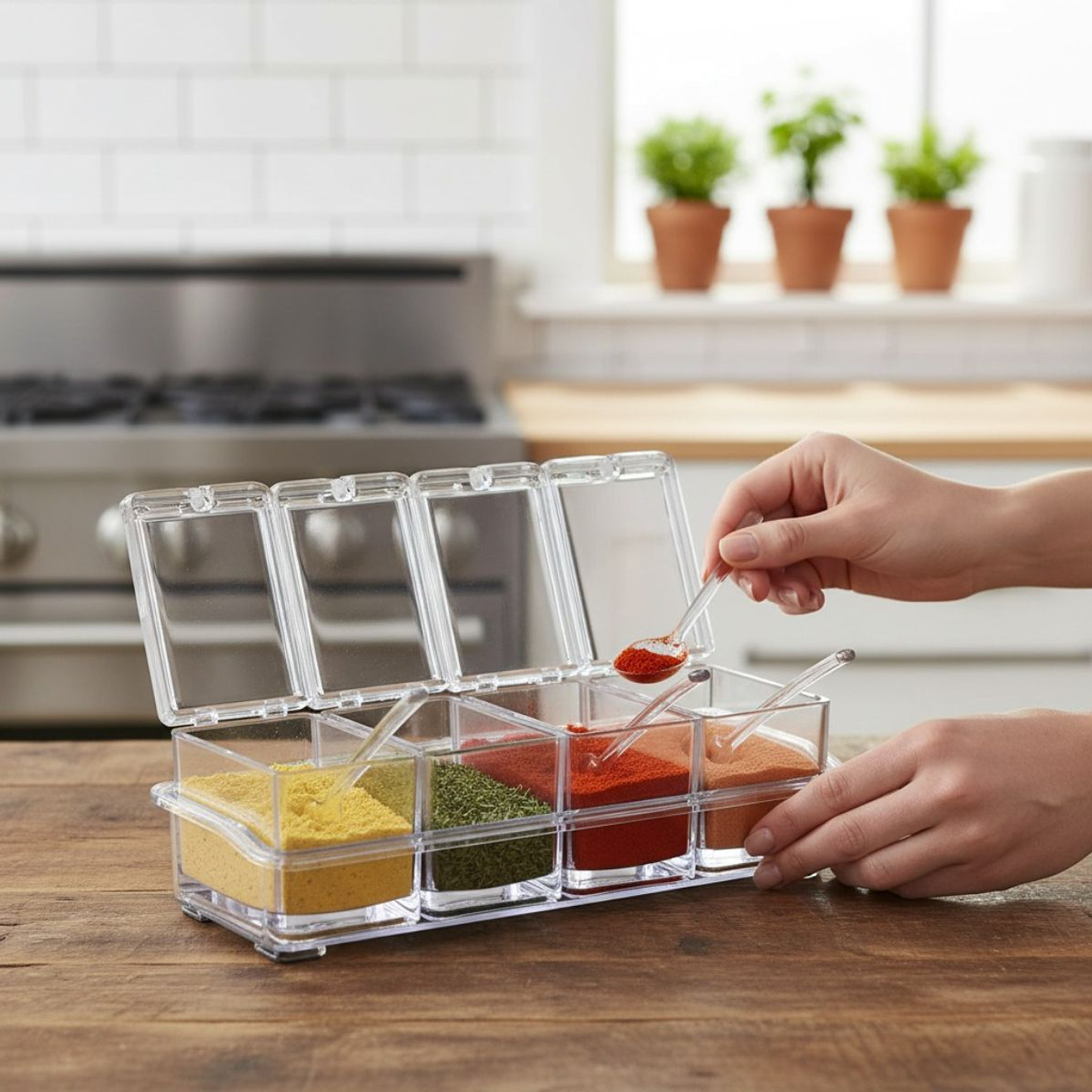 Set Condiméntero Especiero Acrílico 4 Módulos Con Cuchara 1