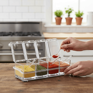 Set Condiméntero Especiero Acrílico 4 Módulos Con Cuchara
