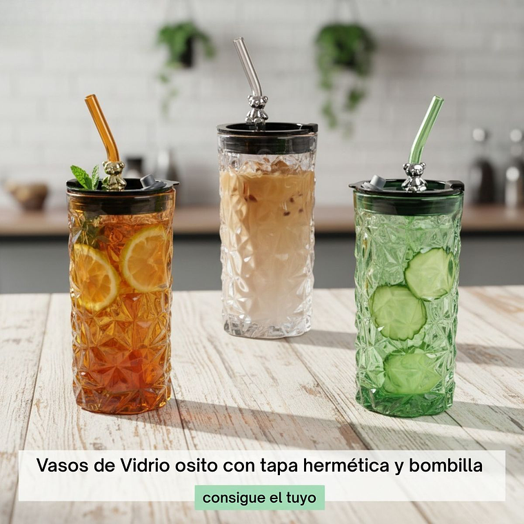 Vaso de Vidrio osito con tapa hermética y bombilla 1