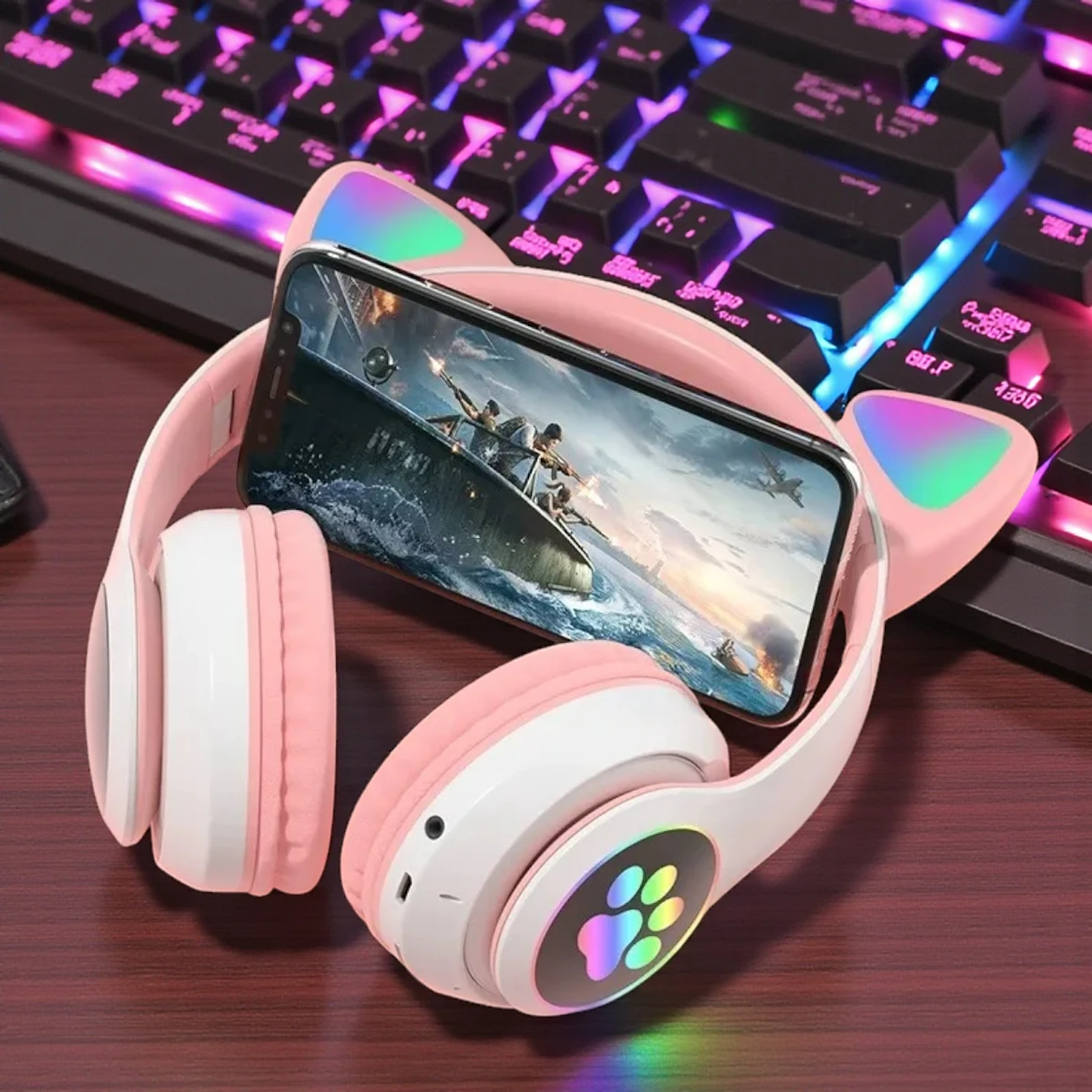 Audifono Bluetooth Kitty Patitas Rosado 2