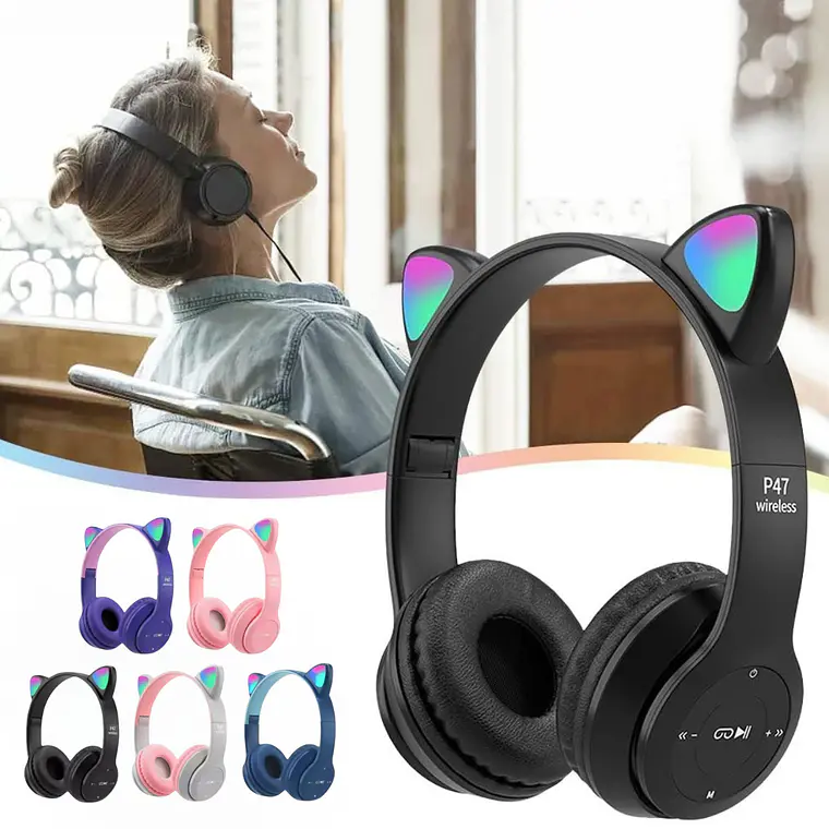 Audifono Bluetooth P-47 Orejas De Gato Kawaii Gris 3