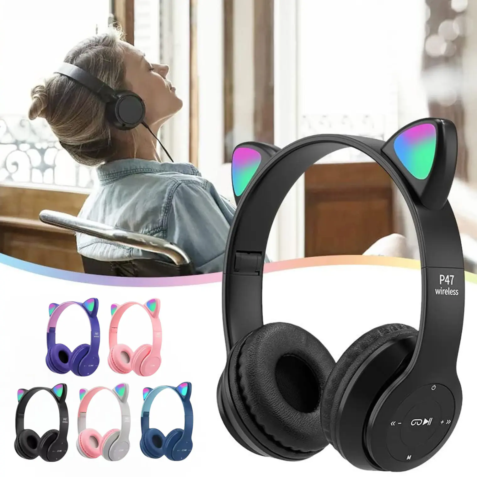 Audifono Bluetooth Orejas De Gato Kawaii Negros 3