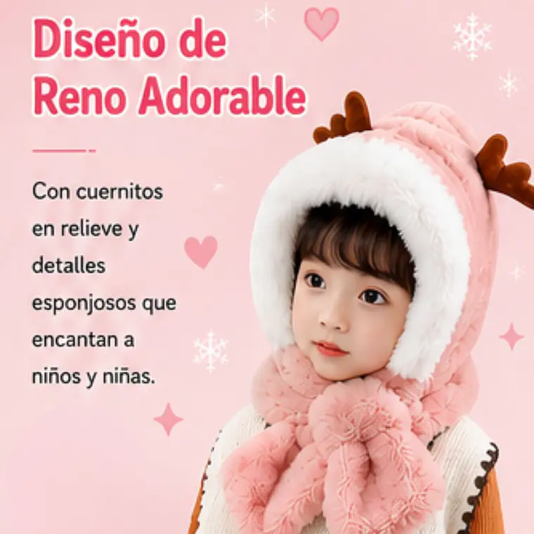 Gorro Infantil Diseño Reno Rosa con Bufanda Integrada  3