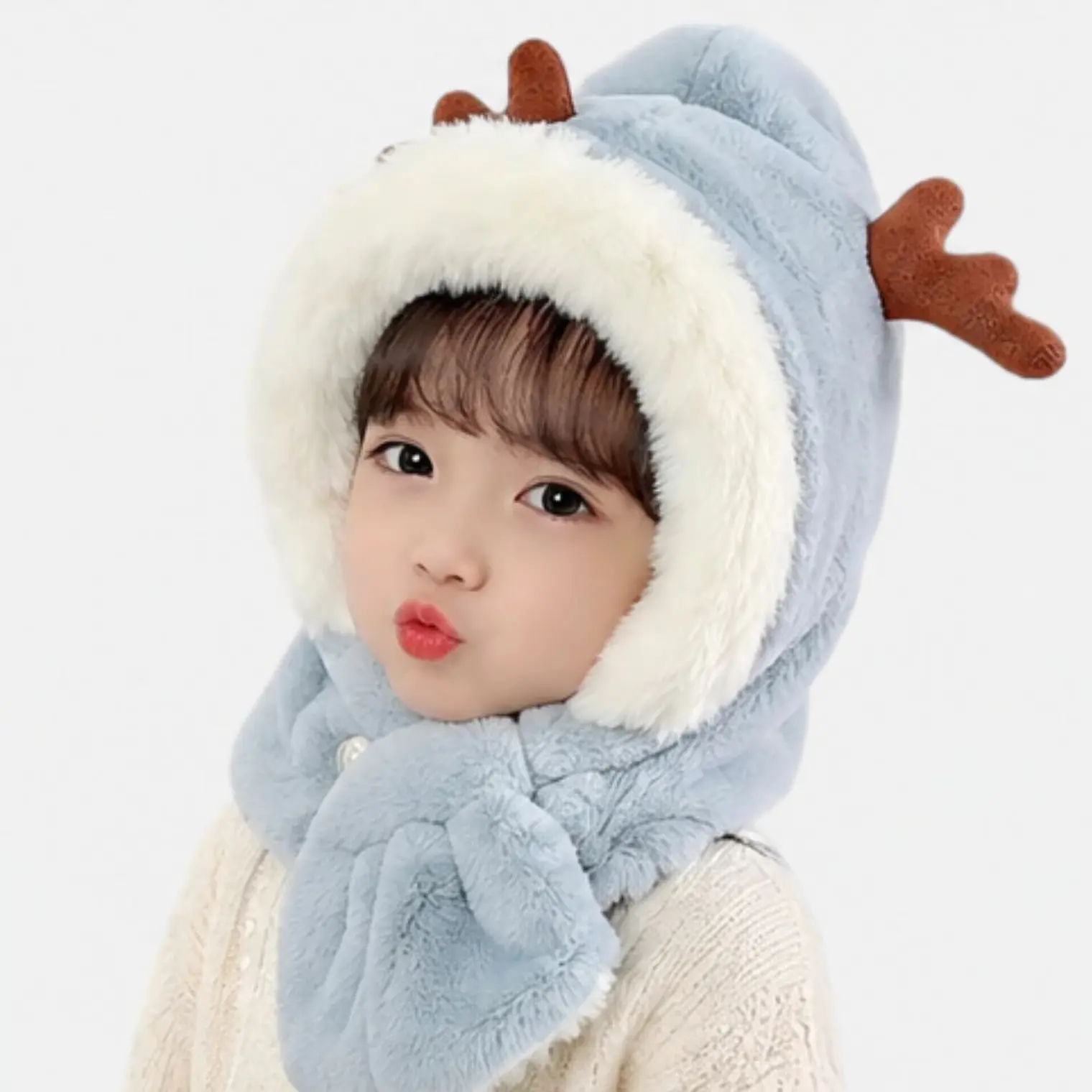 Gorro Infantil Diseño Reno Azul con Bufanda  1
