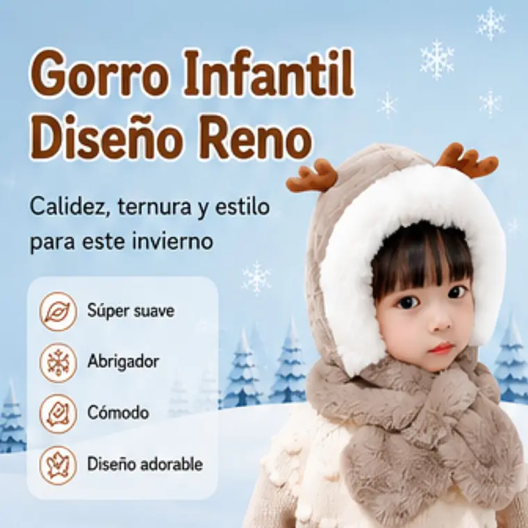 Gorro Infantil Diseño Reno Azul con Bufanda  2