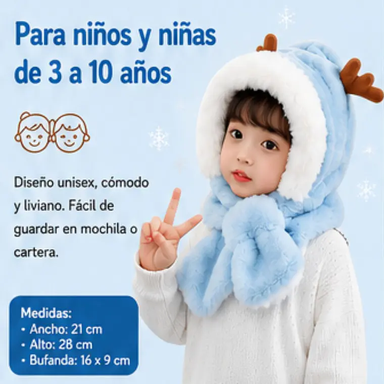 Gorro Infantil Diseño Reno Azul con Bufanda  7